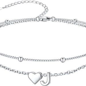Sterling Silver Anklet Waterproof Adjustable Heart Initial Beaded Foot Jewelry